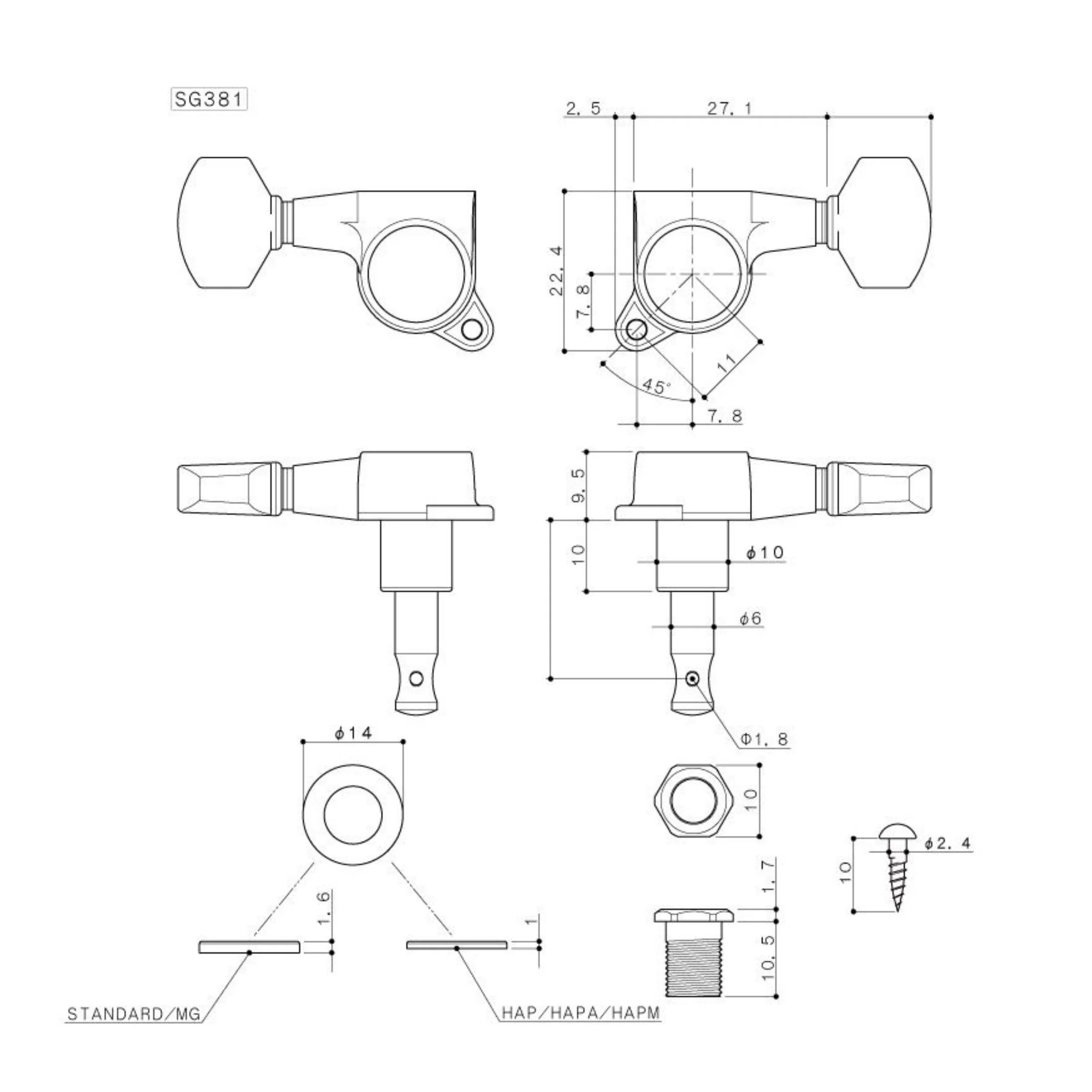 Gotoh SG381 6-in-Line Tuning Machines - Left Handed - Image 3